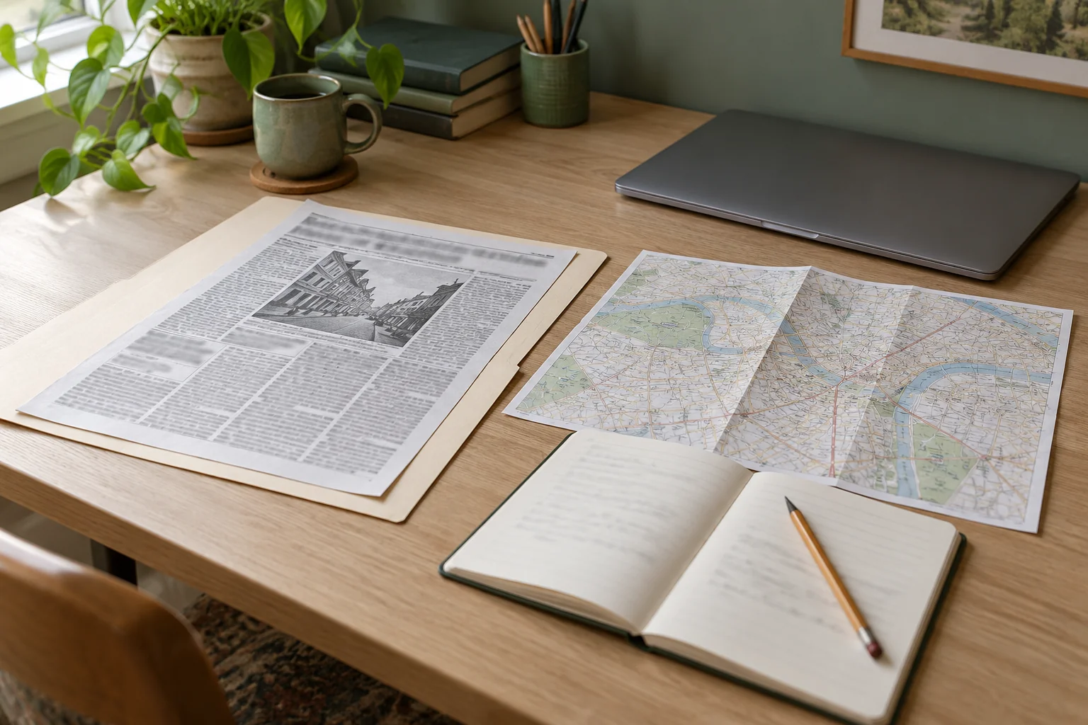 Contemporary editorial illustration of a person-free research desk with a newspaper printout, folded street map, notebook and closed laptop; not archival evidence.