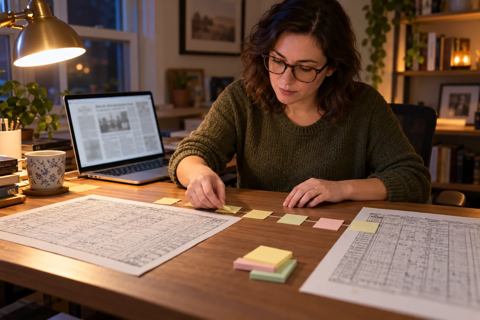 Contemporary illustrative scene of a family historian arranging dated notes between census pages; not an archival photograph.