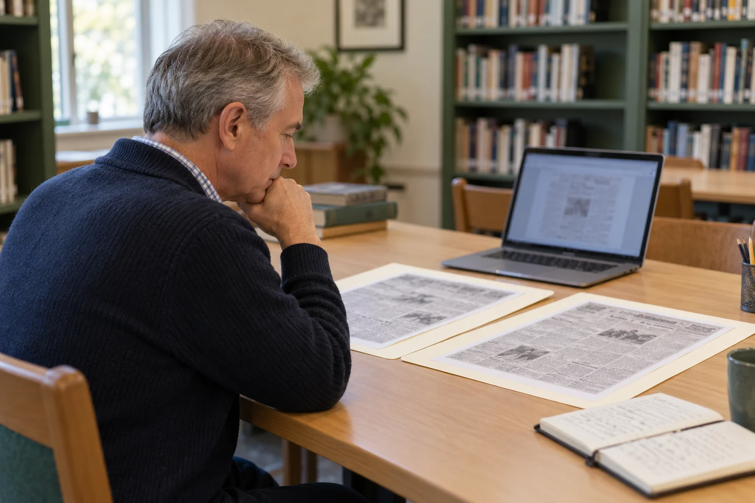 Contemporary editorial illustration of a grey-haired man comparing two separate newspaper printouts beside a laptop and notebook in a library; not archival evidence.