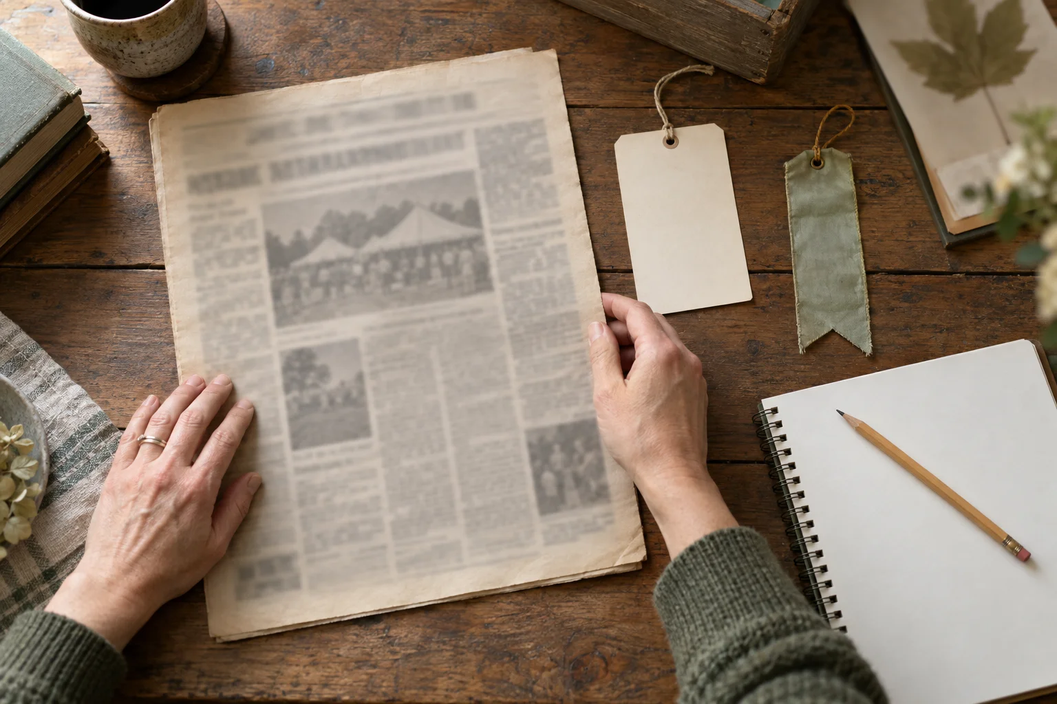 Present-day hands holding a blurred newspaper page beside a blank tag, unlettered ribbon and notebook on a wooden table. Contemporary illustration, not an archival photograph.