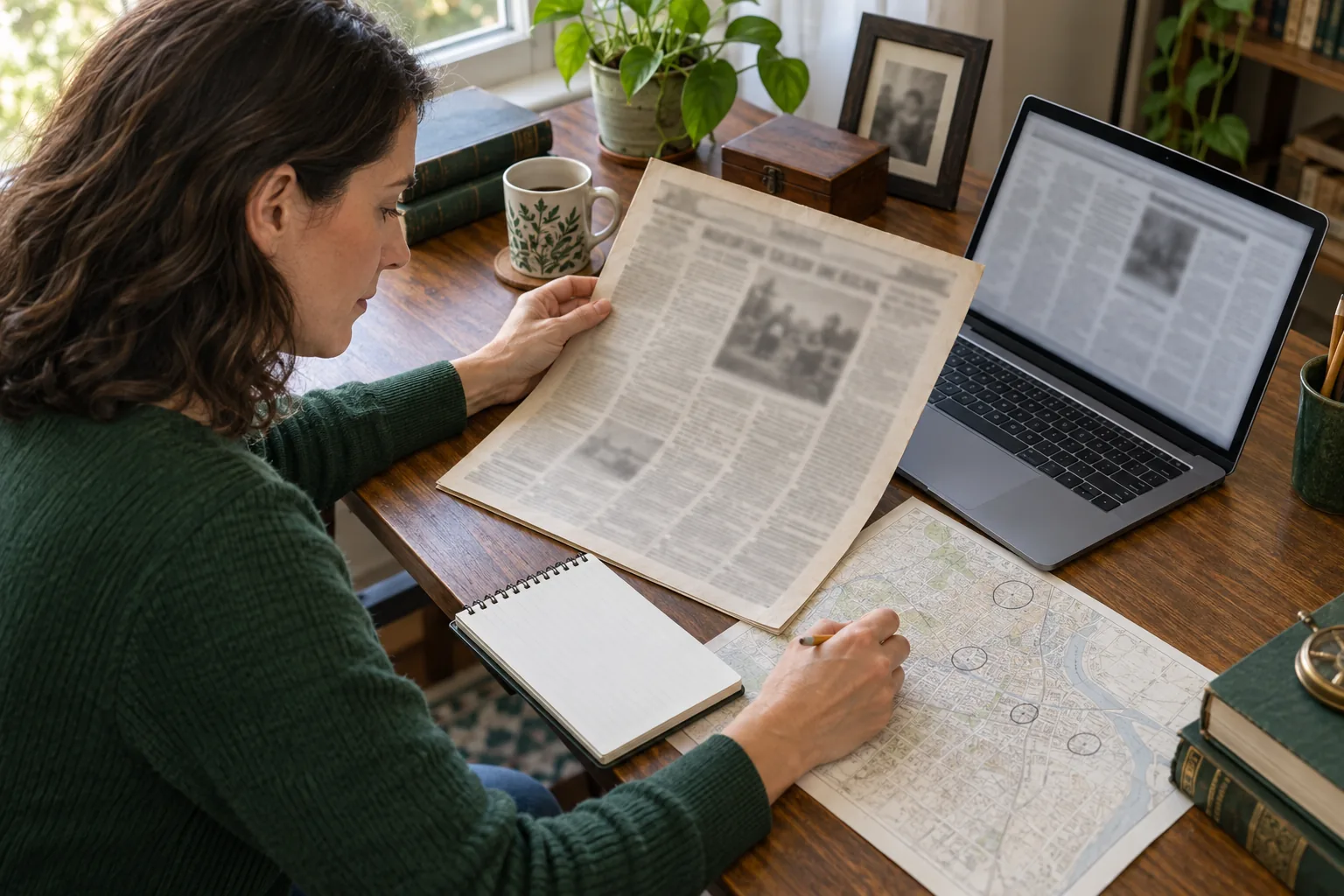 A present-day family historian comparing a newspaper page, map and notes at a home research desk. This is an editorial illustration, not an archival photograph.