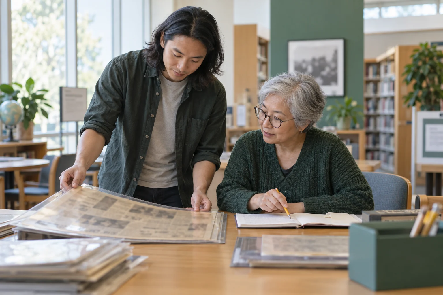 Contemporary editorial illustration of an older East Asian woman and a younger adult relative comparing an old newspaper page and notes at a library table. They are illustrative people, not historical figures or archival evidence.