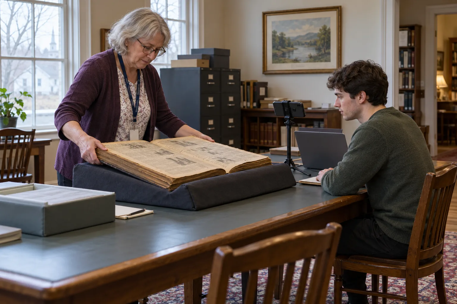Contemporary editorial illustration of an older woman handling an open newspaper volume on a padded support while a young man waits beside a laptop and phone stand in a historical society room; not archival evidence.