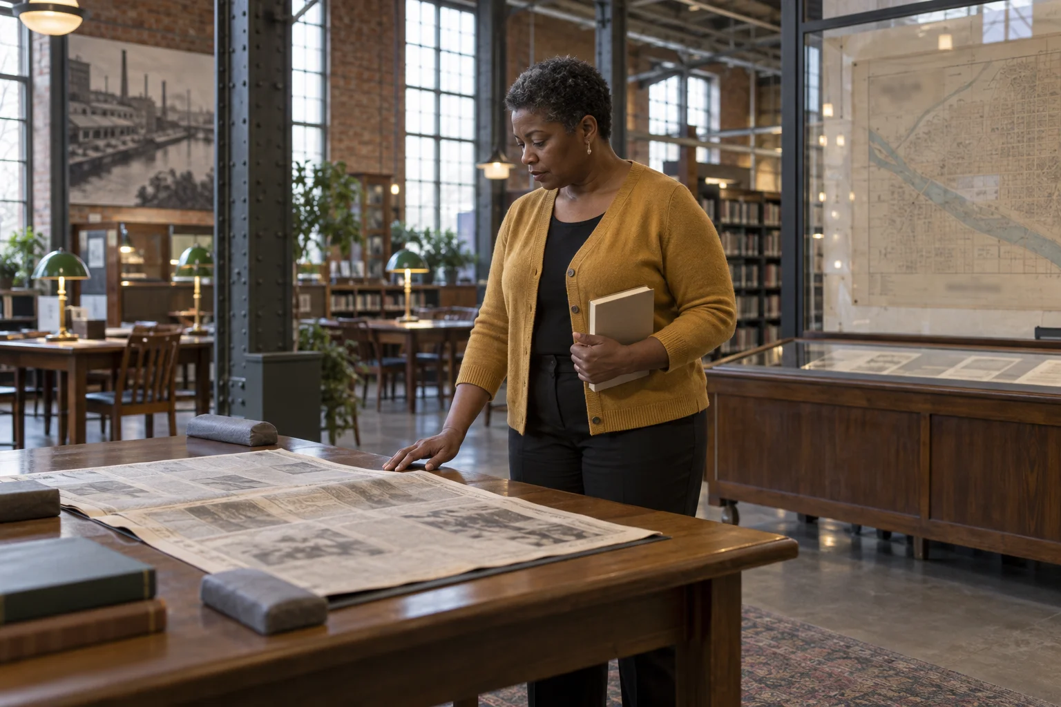 Contemporary editorial illustration of a middle-aged Black woman with close-cropped natural hair in an industrial heritage reading room, comparing a nonlegible historic labor-paper image with her work-history note; not an archival photograph.