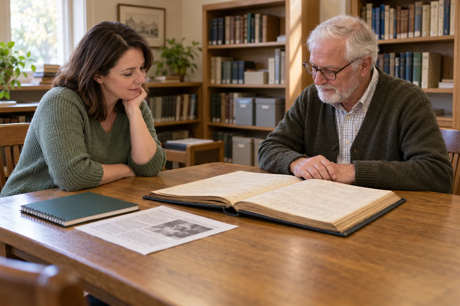 Contemporary illustration of a volunteer and a visitor examining a bound book in a small library, not an archival photograph