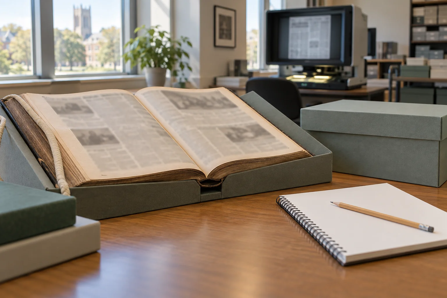 Contemporary illustrative scene of an empty institutional library table with a microfilm reader and a bound newspaper volume; no people are present. This is not an archival photograph.