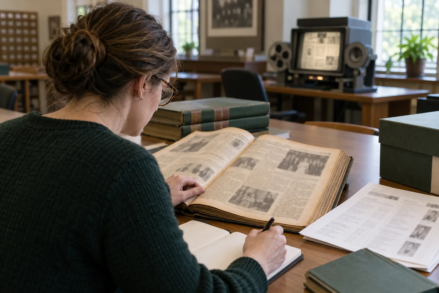 A present-day researcher compares a bound student newspaper with archive notes at a library desk.