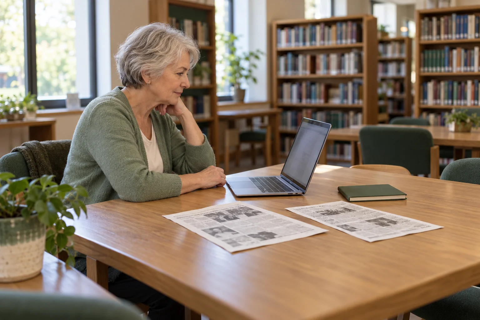 Contemporary editorial illustration of an older woman researching beside a laptop, two newspaper printouts and a closed notebook in a library; not an archival photograph.