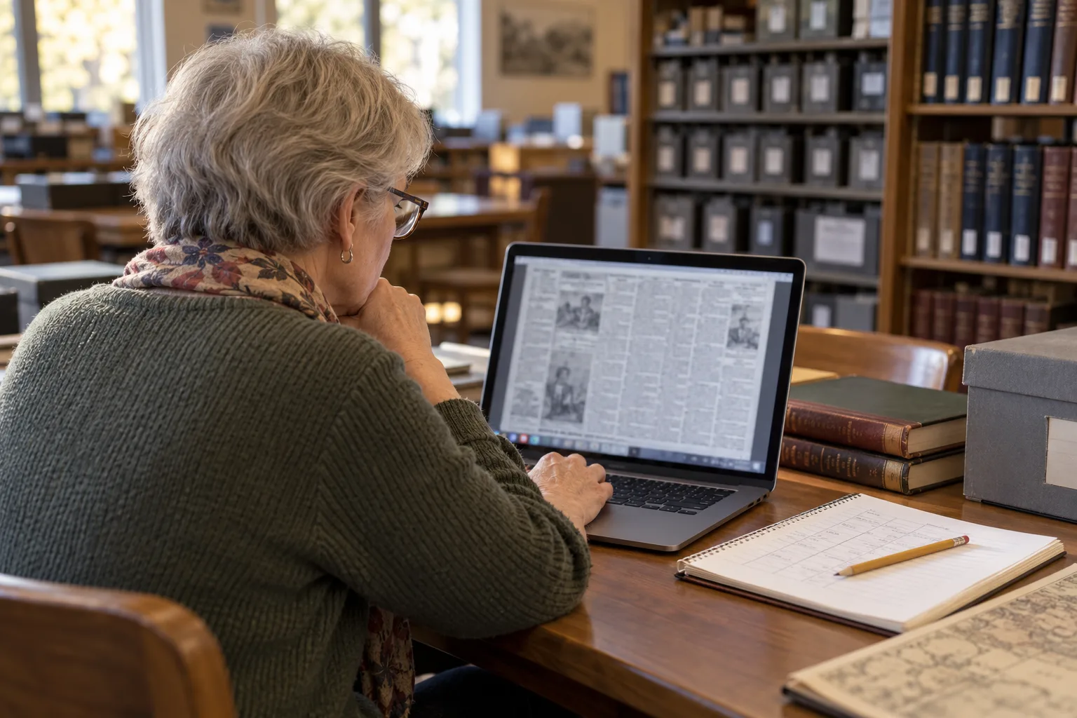 Contemporary editorial illustration of a silver-haired researcher comparing a newspaper page on a laptop with a notebook in a library; not an archival photograph or a real contributor.