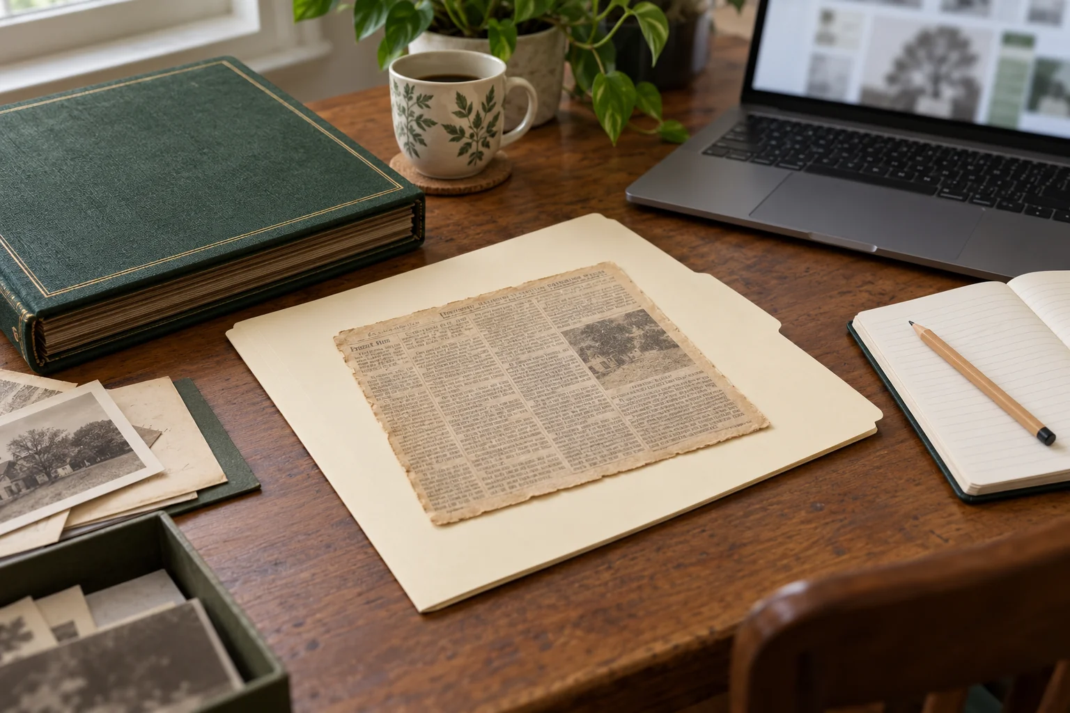 Contemporary editorial illustration of an undated newspaper clipping on a cream folder beside a closed green scrapbook, notebook and laptop; not archival evidence.